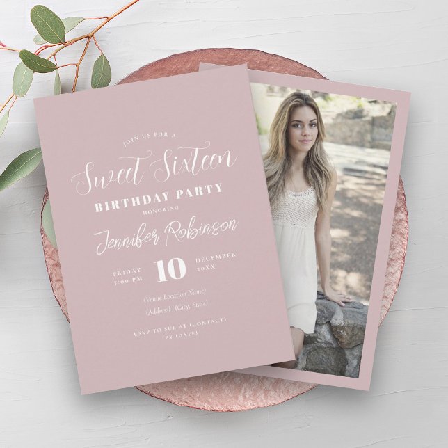 Simple Modern Blush Pink Photo Sweet 16 Sixteen  Invitation (Simple Modern Blush Pink Photo Sweet 16 Sixteen Invitation)