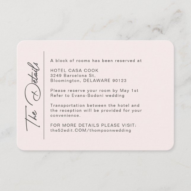 Simple Modern Blush Wedding Details Enclosure Card (Front)