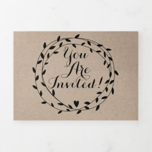 Simple Modern Boho Black Leaf Wreath Wedding Tri-Fold Invitation
