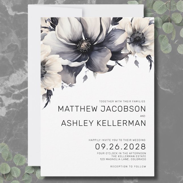 Simple Modern Boho Floral Black White Wedding Invitation (Modern Boho Floral Black White Wedding Invitation)