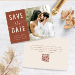 Simple Modern Boho Terracotta Earthy Photo QR Code Save The Date<br><div class="desc">Introduce your upcoming nuptials in style with our Boho Terracotta Save the Date Invitation! This earthy, rustic invitation is the perfect way to set the tone for your bohemian wedding. The terracotta colour, reminiscent of warm sunsets and fertile soil, will bring an organic and natural feel to your special day....</div>