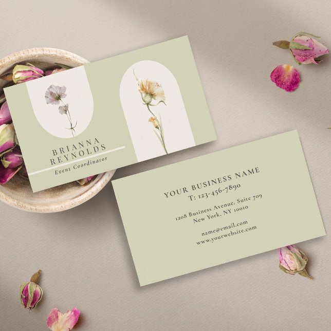 Simple Modern Boho Wildflowers on Sage Green Business Card (Creator Uploaded)