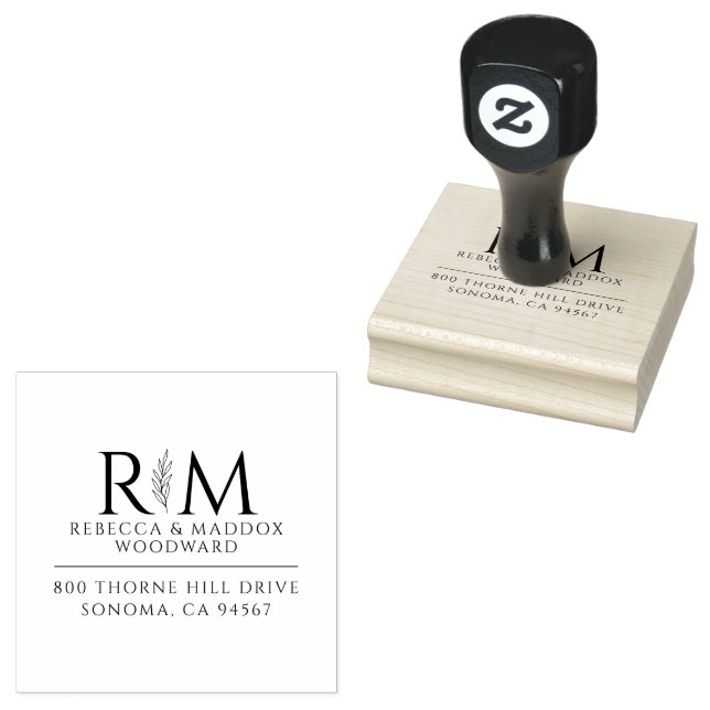 Simple Modern Botanical Couple's Wedding Monogram Rubber Stamp (Stamped)
