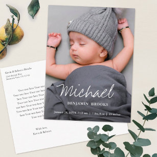 Simple Modern Boy or Girl Photo Birth Announcement Postcard