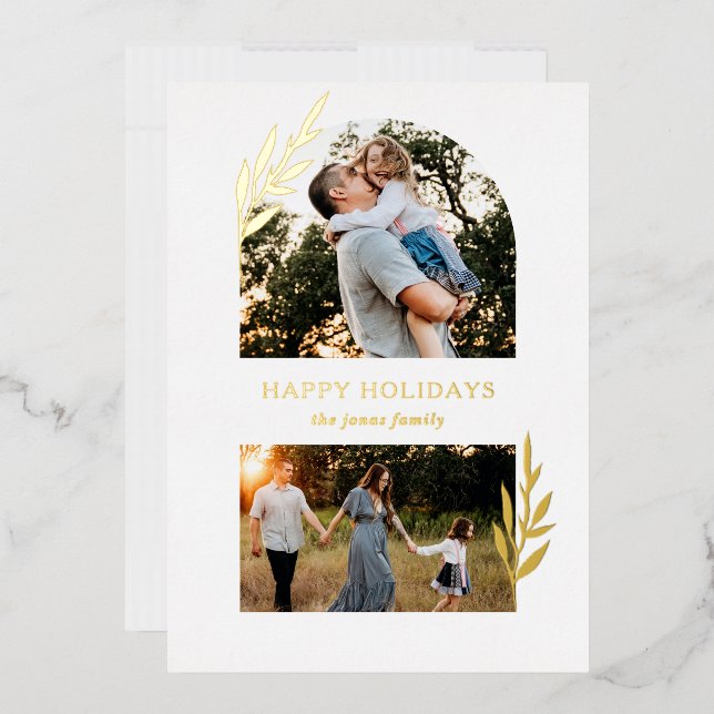 Simple Modern Branches Split Arch Two Photo  Foil Holiday Card (Envelope)