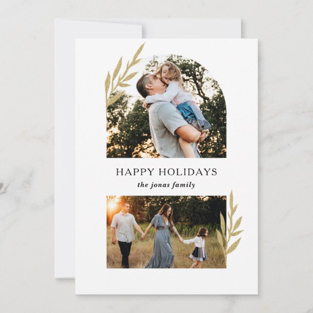 Simple Modern Branches Split Arch Two Photo  Holiday Card (Front)