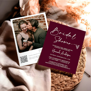 Simple Modern Burgundy Bridal Shower QR Code Photo Invitation