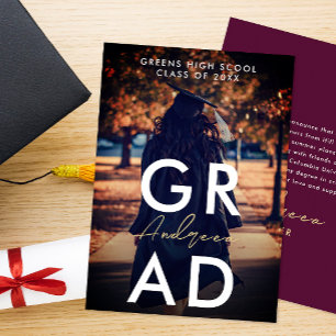 Simple Modern Burgundy Grad Photo Bold Typography Announcement
