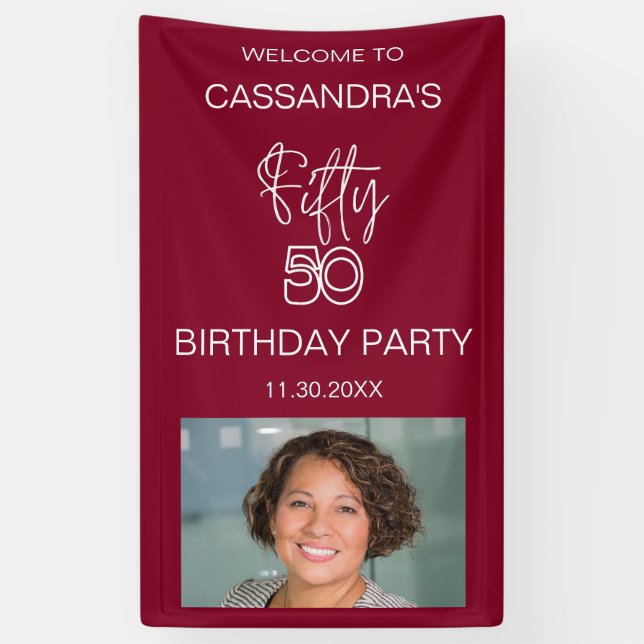 Simple Modern Burgundy Photo 50th Birthday Welcome Banner (Vertical)