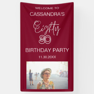 Simple Modern Burgundy Photo 80th Birthday Welcome Banner