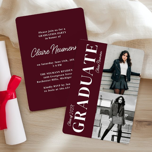 Simple Modern Burgundy Photo Graduation Party Invitation (Creator Uploaded)