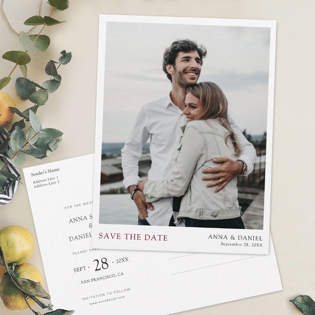 Simple Modern Burgundy Photo Save the Date Announcement Postcard (Creator Uploaded)
