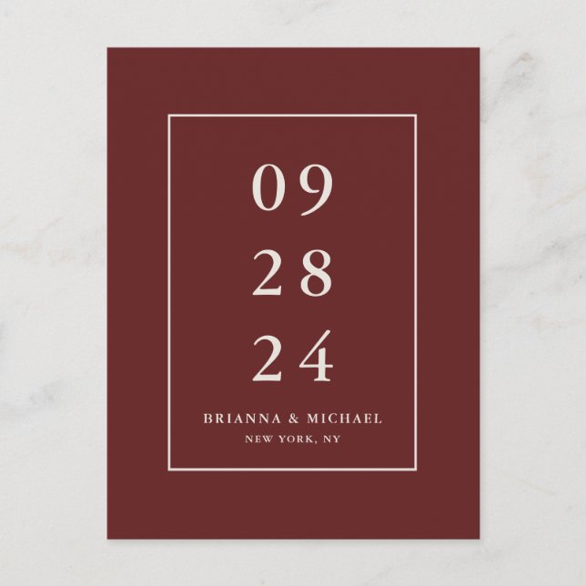 Simple Modern Burgundy Red Wedding Save the Date Postcard (Front)