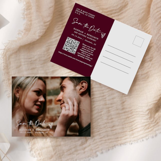 Simple Modern Burgundy Save the Date QR Code Photo Postcard (Creator Uploaded)