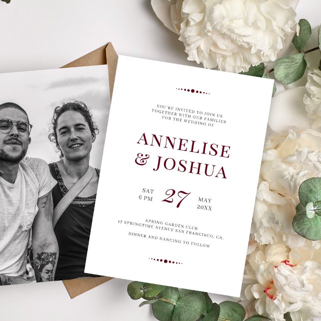 Simple modern burgundy script photo wedding invitation (Creator Uploaded)