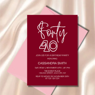 Simple Modern Burgundy Typography 40th Birthday Invitation