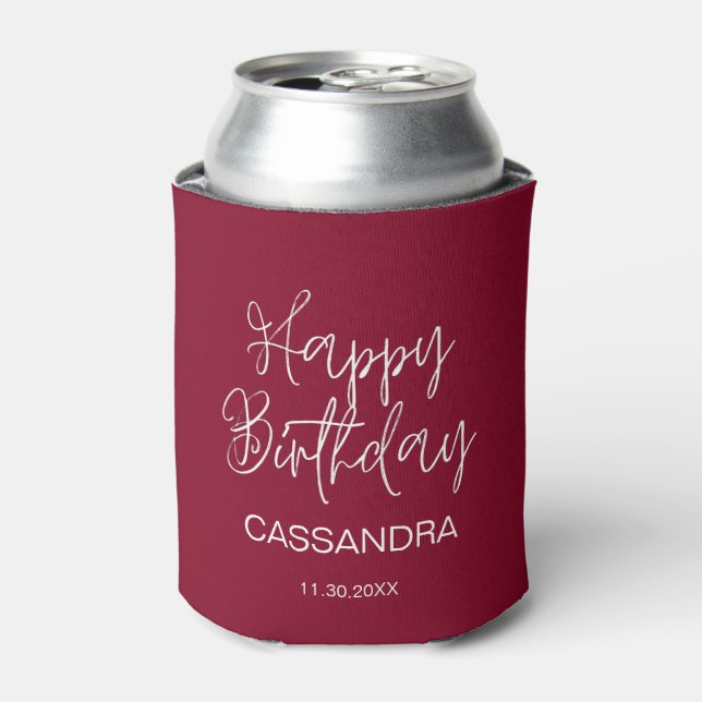Simple Modern Burgundy Typography Birthday Can Cooler (Can Front)