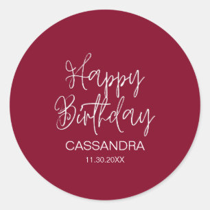 Simple Modern Burgundy Typography Birthday Classic Round Sticker