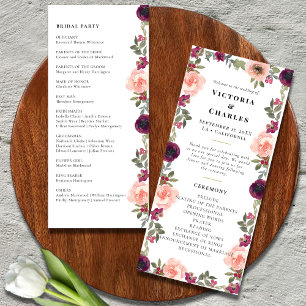 Simple Modern Burgundy Watercolor Floral Wedding Program