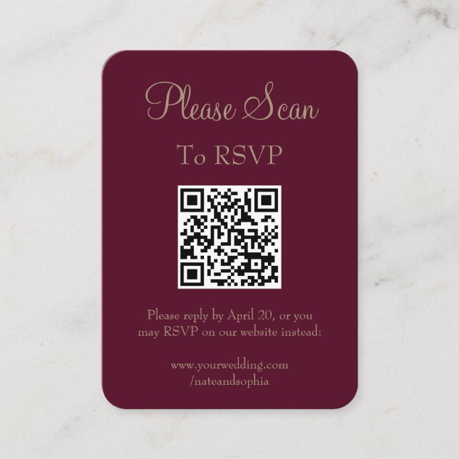 Simple Modern Burgundy Wedding Scan QR Code Enclosure Card (Front)