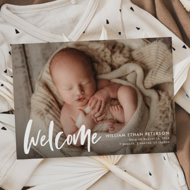 Simple Modern Calligraphy Baby Three Photo Birth Announcement (Creator Uploaded)
