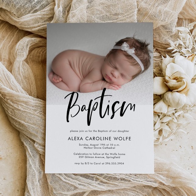 Simple Modern Calligraphy Baptism Photo  Invitation (Creator Uploaded)
