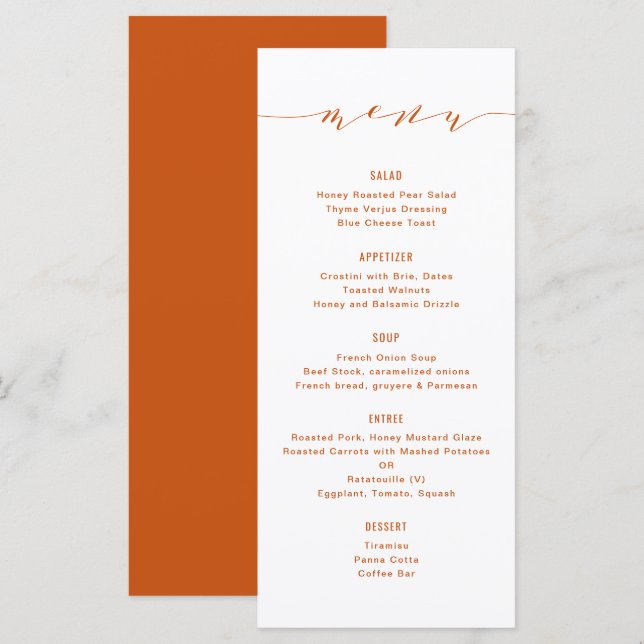 Simple Modern Calligraphy Orange Menu (Front/Back)