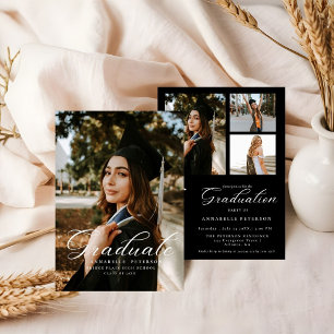 Simple Modern Calligraphy Photo Black Graduation  Invitation
