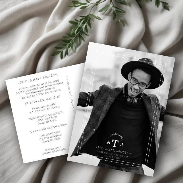 Simple Modern Calligraphy Photo Grad Initials Postcard (Simple Chic Modern Calligraphy Photo Graduate Initials Invitation Card.)