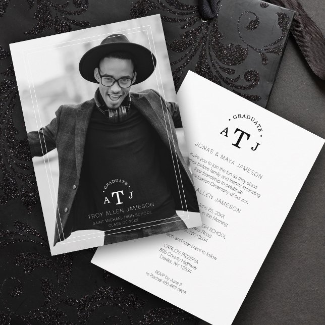 Simple Modern Calligraphy Photo Graduate Initials Invitation (Creator Uploaded)