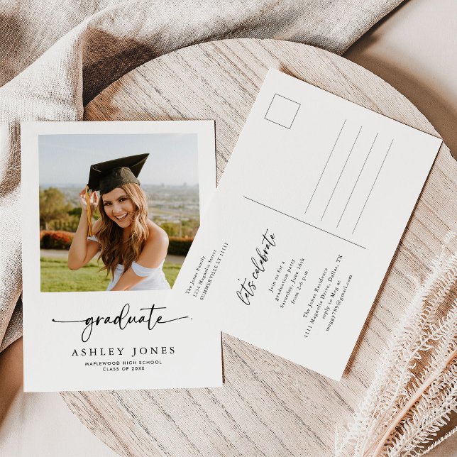 Simple Modern Calligraphy Photo Graduation Postcard (Creator Uploaded)