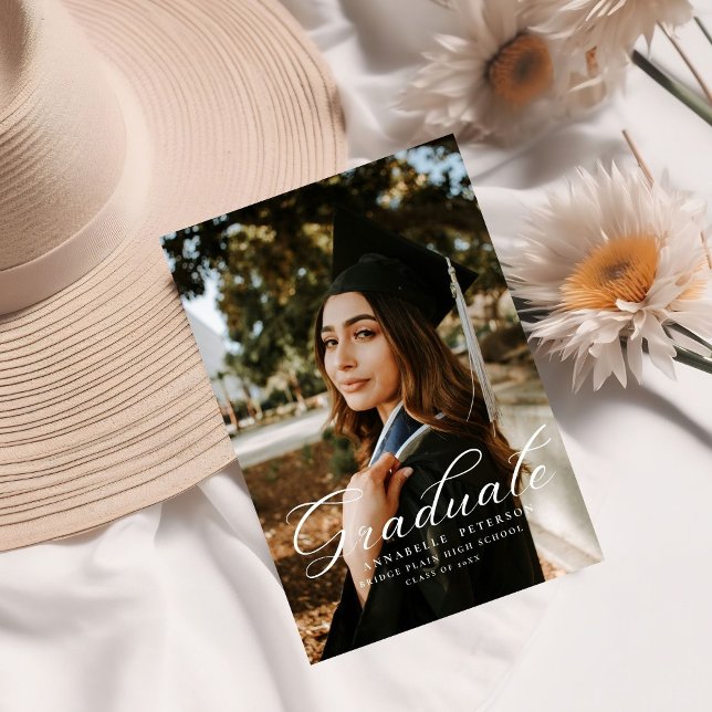 Simple Modern Calligraphy Photo Pink Graduation  Invitation (Creator Uploaded)