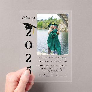 Simple Modern Calligraphy Photo Twin Graduation Acrylic Invitations