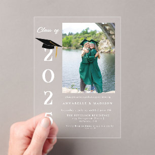 Simple Modern Calligraphy Photo Twin Graduation Acrylic Invitations