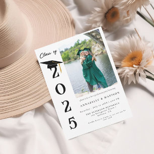 Simple Modern Calligraphy Photo Twin Graduation Invitation