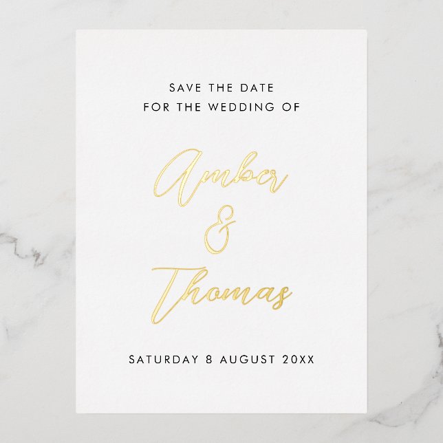 Simple Modern Calligraphy Save the Date Real Gold  Foil Invitation Postcard (Front)