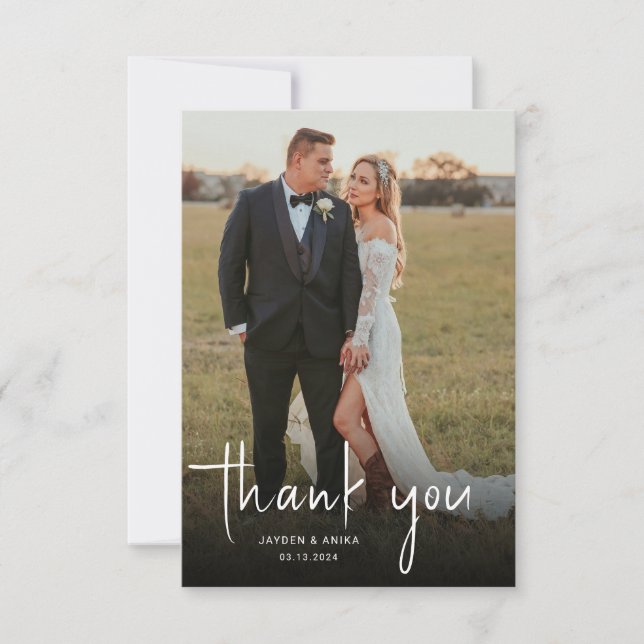 Simple Modern Calligraphy Script Wedding Thank You Card (Front)