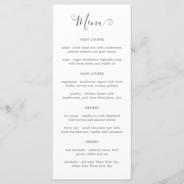 Simple Modern Calligraphy Silver Grey Wedding Menu (Front)