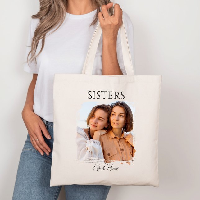 Simple Modern Calligraphy Sisters Photo  Tote Bag (Creator Uploaded)