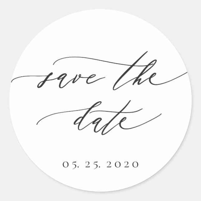 Simple Modern Calligraphy Wedding Save the Date Classic Round Sticker (Front)