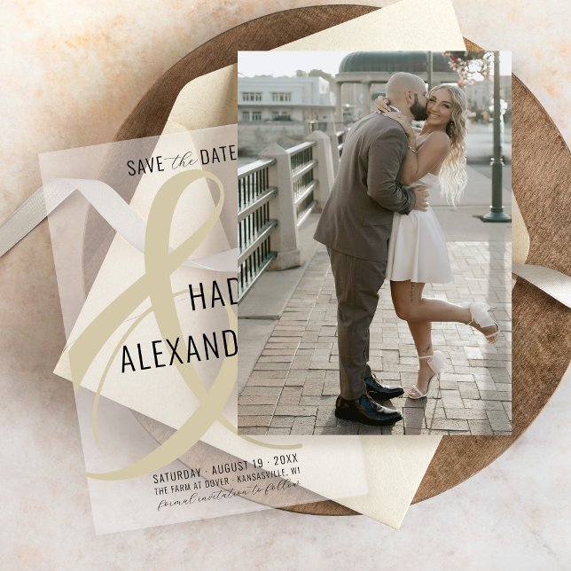 Simple Modern CHAMPAGNE Photo Underlay Wedding Save The Date (Simple photo underlay card for modern champagne gold ampersand vellum overlay wedding save the date)