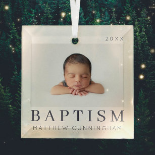 Simple Modern Chic Custom Baptism Baby Photo Glass Tree Decoration