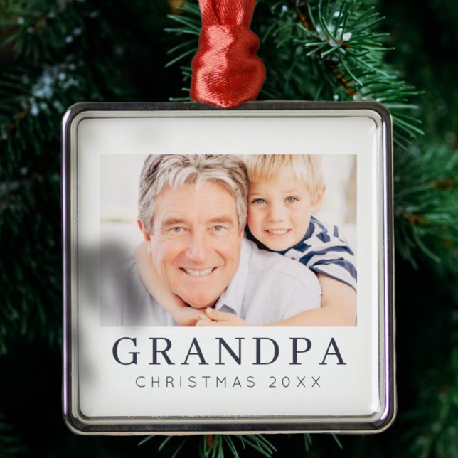 Simple Modern Chic Custom Grandpa Photo Holiday Metal Ornament (Creator Uploaded)