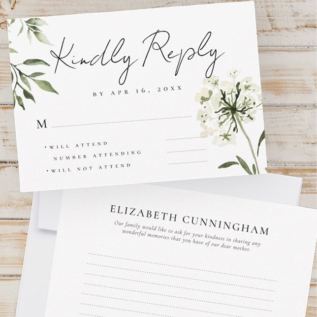 Simple Modern Chic Floral Memories Memorial Reply RSVP Card (Creator Uploaded)
