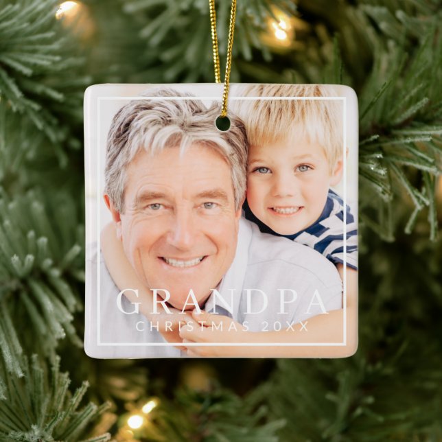 Simple Modern Chic Frame Grandpa Photo Holiday Ceramic Ornament (Tree)