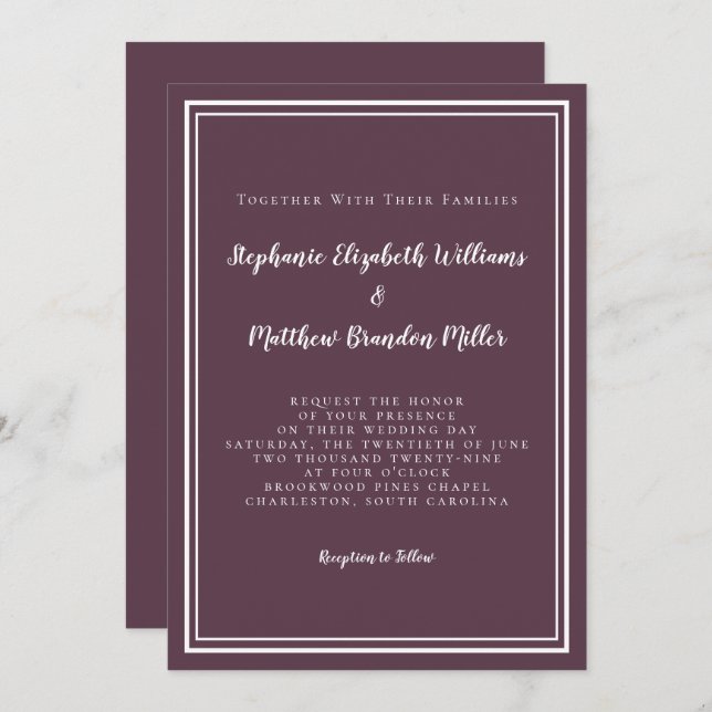 Simple Modern Chic Purple Plum Wedding Minimalist Invitation (Front/Back)