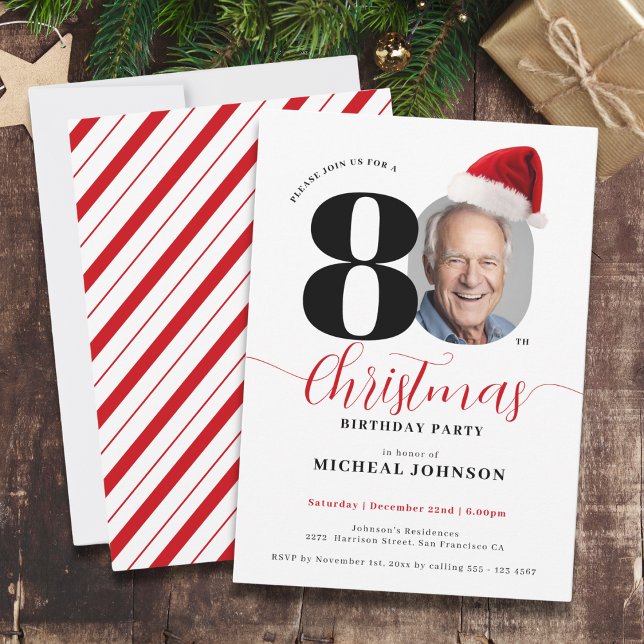 Simple Modern Christmas 80th Birthday Party Invitation (Simple Modern Christmas 80th Birthday Party Invitation)