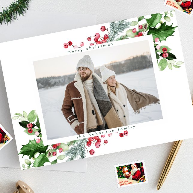 Simple Modern Christmas Green White One Photo Holiday Card (Creator Uploaded)