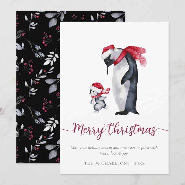 Simple Modern Christmas Penguin Botanical Holiday Card (Front/Back)