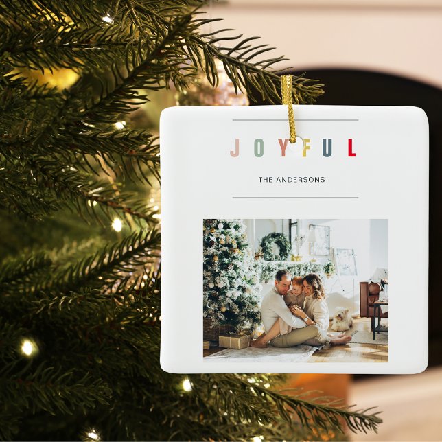 Simple Modern Christmas Photo | Joyful Holiday Ceramic Ornament (Creator Uploaded)